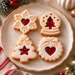 May include: Four holiday-themed sandwich cookies with red jam centers on a white plate. The cookies are shaped like a snowflake with a heart, a snow globe with a tree, a Christmas tree with a star, and a round wreath with a heart, all dusted with sugar.