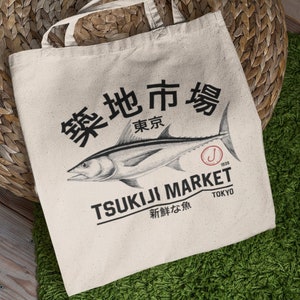 Japanese Tsukiji Market Fishing Graphic Canvas Tote Bag | Minimalist Tuna Street Wear Food or Book Carrier for Men and Women