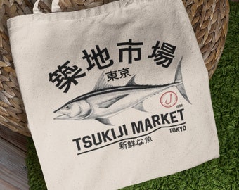 Japanese Tsukiji Market Fishing Graphic Canvas Tote Bag | Minimalist Tuna Street Wear Food or Book Carrier for Men and Women