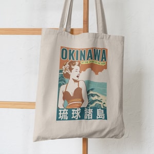 Visit Okinawa Retro Travel Tote Bag Vintage 1950s Japanese Canvas Carrier Retro Beach Bag for groceries and Books of Japan image 1