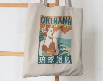 Visit Okinawa Retro Travel Tote Bag | Vintage 1950s Japanese Canvas Carrier  | Retro Beach Bag for groceries and Books of Japan
