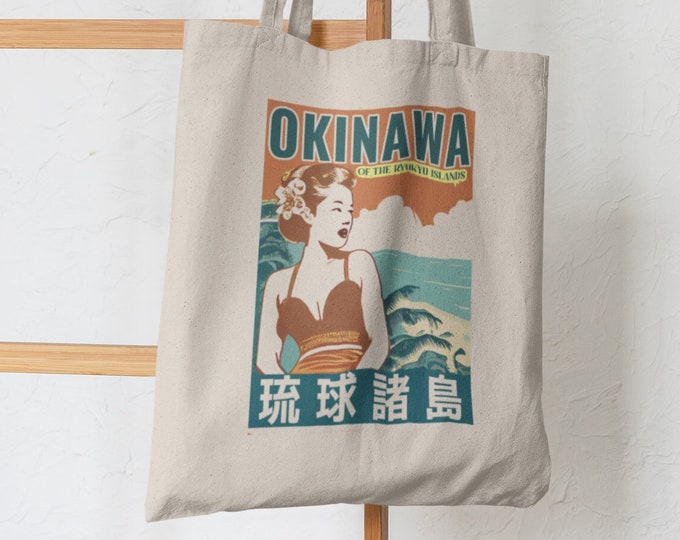 Visit Okinawa Retro Travel Tote Bag | Vintage 1950s Japanese Canvas Carrier  | Retro Beach Bag for groceries and Books of Japan