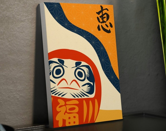 Daruma Doll Boho Canvas Tile | Japanese Bohemian Wall Art Poster | Japan Inspired House Décor