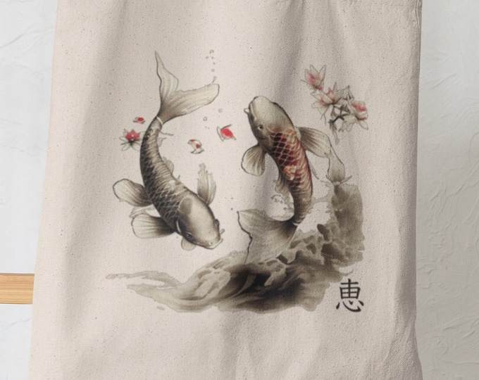 Japanese Koi Travel Tote Bag | Nishikigoi Japanese Canvas Carrier  | Garden Koi Bag for groceries and Books of Japan