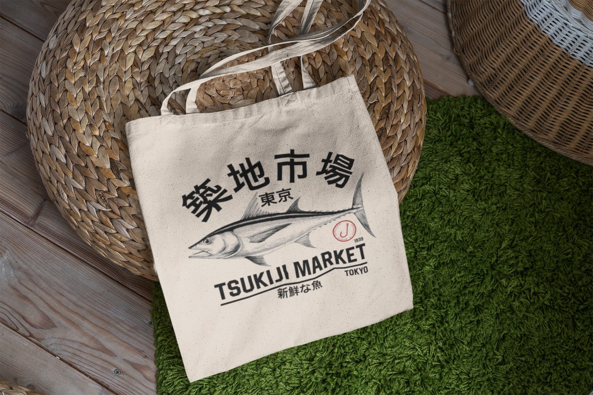Japanese Tsukiji Market Fishing Graphic Canvas Tote Bag  Minimalist Tuna  Street Wear Food or Book Carrier for Men and Women