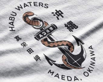 Japanese Okinawa Habu Fishing T-Shirt, Graphic Anchor Snake Maeda Tee for Men and Women, Fisherman Gift and Souvenir