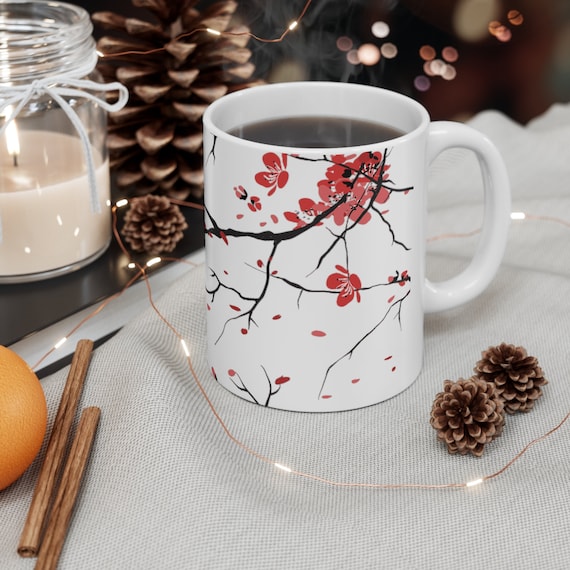 Mug Décoratif Chat Noir Et Sakura - Calligraphie Japonaise "Love" - Céramique Brillante 325ml - Neuf Avec Boîte