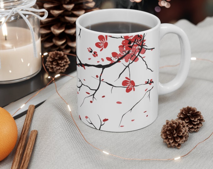 Japanese Cherry Blossom Coffee Mug | Minimalist Sakura Breakfast Ceramic Cup |  11oz Hot Container for Holidays