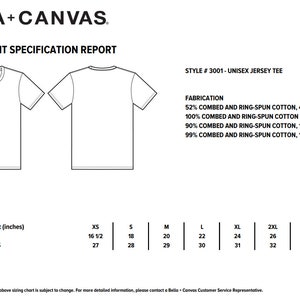 May include: A size chart for a unisex jersey tee shirt. The chart shows the measurements in inches for chest and body length from the high point of shoulder for sizes XS, S, M, L, XL, 2XL, 3XL, and 4XL. The fabric composition is listed as 52% combed and ring-spun cotton, 48% polyester; 100% combed and ring-spun cotton; 90% combed and ring-spun cotton, 10% polyester; and 99% combed and ring-spun cotton, 1% polyester.