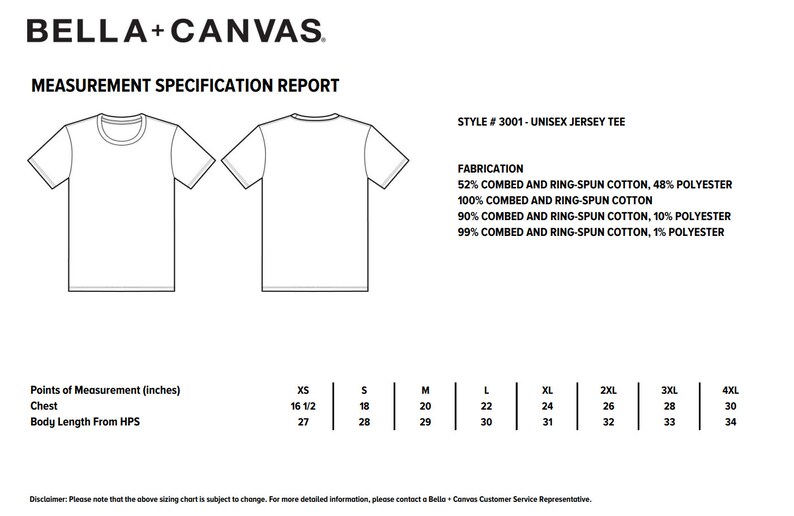May include: A size chart for a unisex jersey tee shirt. The chart shows the measurements in inches for chest and body length from the high point of shoulder for sizes XS, S, M, L, XL, 2XL, 3XL, and 4XL. The fabric composition is listed as 52% combed and ring-spun cotton, 48% polyester; 100% combed and ring-spun cotton; 90% combed and ring-spun cotton, 10% polyester; and 99% combed and ring-spun cotton, 1% polyester.