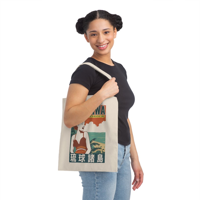Visit Okinawa Retro Travel Tote Bag Vintage 1950s Japanese Canvas Carrier Retro Beach Bag for groceries and Books of Japan image 3