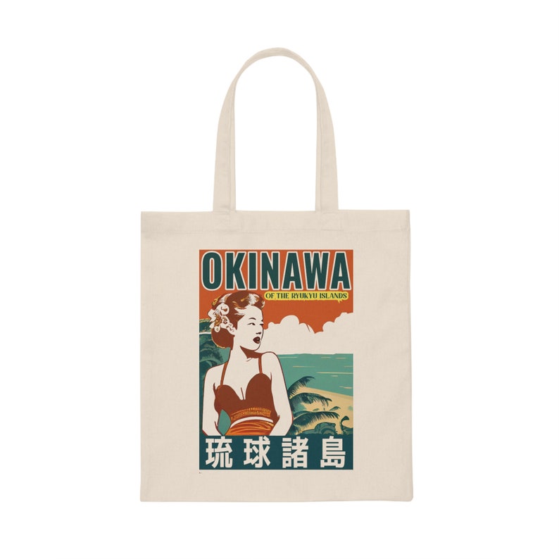 Visit Okinawa Retro Travel Tote Bag Vintage 1950s Japanese Canvas Carrier Retro Beach Bag for groceries and Books of Japan image 2