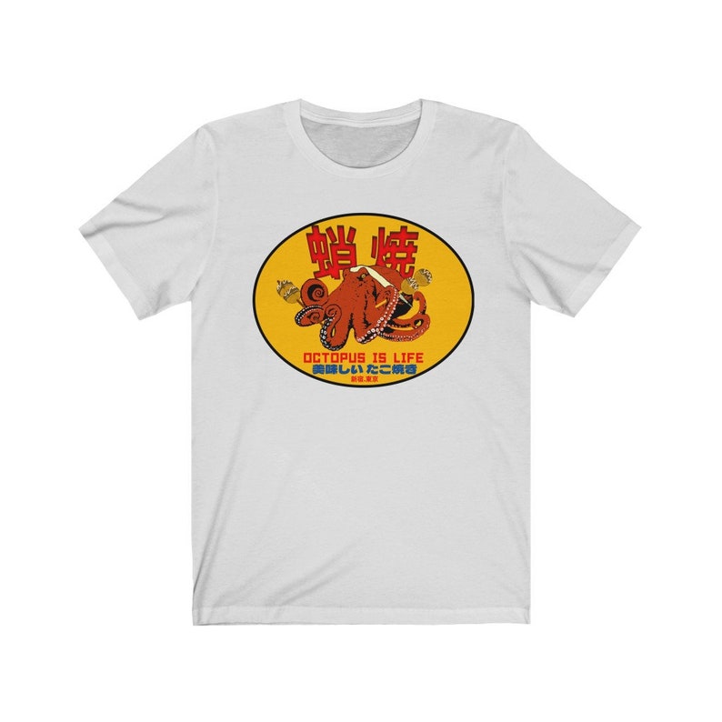 May include: White t-shirt with a yellow circle graphic featuring a red octopus with the text "Octopus is Life" and Japanese characters.