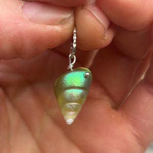 May include: A small, iridescent green and yellow spiral seashell pendant featuring a metallic silver-toned bail and a tiny silver stud accent. The shell exhibits a natural pearlescent sheen with a pointed white tip, suspended from a silver-toned metal ring.