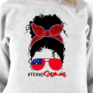 Curly Teine Samoa, suéter, moletom polinésio, branco vermelho azul, pão bagunçado, óculos, hashtags,