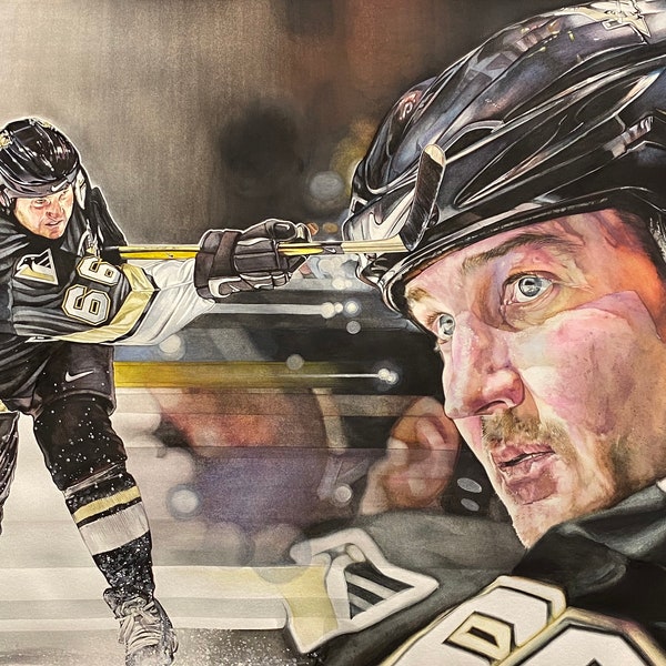 Super Mario/ hockey art/ art /sports art /sports/ Mario Lemieux / Pittsburgh penguins / prints/ watercolour art/ Kieran Hassey art/ NHL/