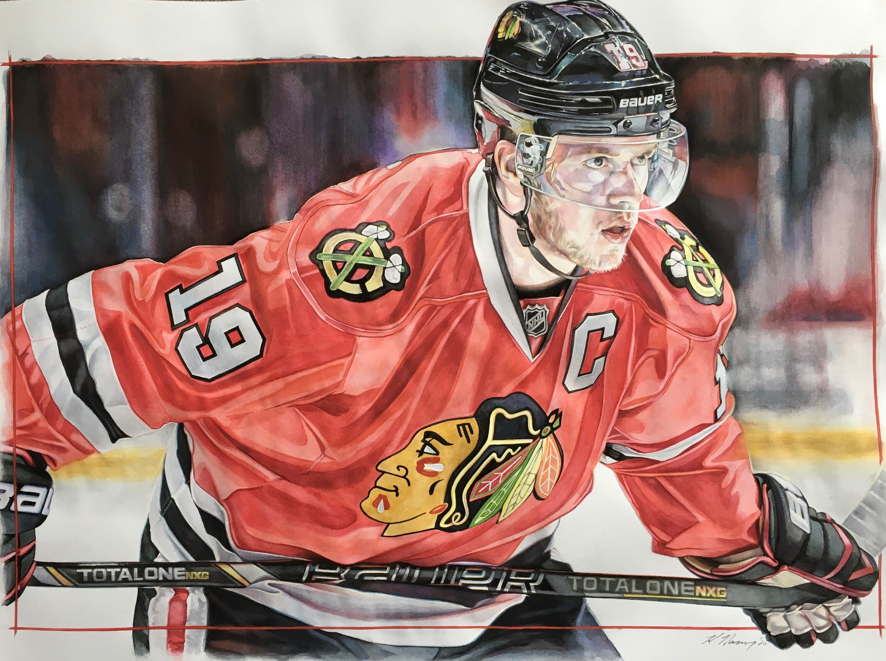 Jonathan Toews/ Chicago Blackhawks/ arte de hóquei/ impressões/ pintura em aquarela/ arte esportiva/ escritório/ Natal/ arte de Kieran Hassey/ aniversários