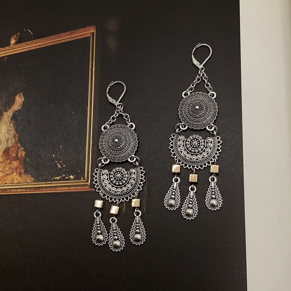 Kazakh, Kyrgyz, Uzbek in traditional style earrings. Ethnic, Bohemian design stamped earrings, gypsy, hippie, Boho chic, statement earrings