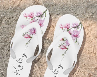 Personalised Floral Flip Flops | Bridal Party Wedding Slippers | Magnolia