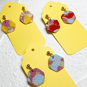 Small color pop hexagon from the Aura collection | Polymer clay statement drop earrings; small hexagons in 3 colors w/ gold ball stud