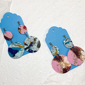 Ola dangles in 2 styeles from the Moordale collection | Polymer clay statement drop earrings; pink/blue/purple/white/gold