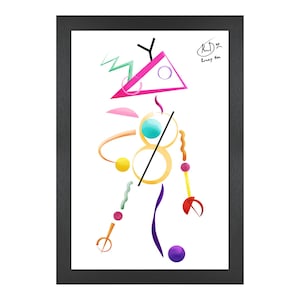 May include: Abstract art print in a black frame. The artwork features a colorful geometric design with shapes like triangles, circles, and zigzags in pink, teal, yellow, and purple. Signed by the artist.