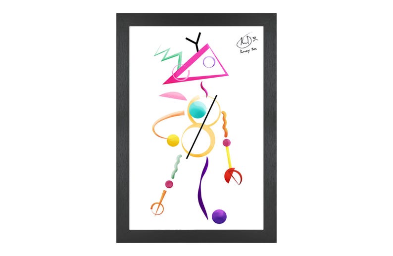 May include: Abstract art print in a black frame. The artwork features a colorful geometric design with shapes like triangles, circles, and zigzags in pink, teal, yellow, and purple. Signed by the artist.