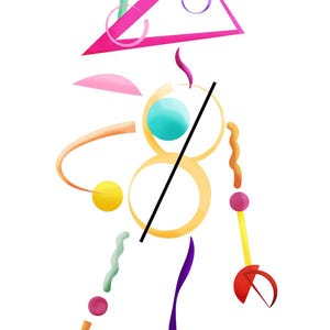 May include: Abstract digital art featuring geometric shapes in various colors. A pink triangle, teal sphere, and yellow circles are prominent. The artwork includes the text "Krazy Ken".