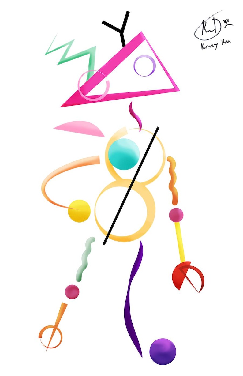 May include: Abstract digital art featuring geometric shapes in various colors. A pink triangle, teal sphere, and yellow circles are prominent. The artwork includes the text "Krazy Ken".