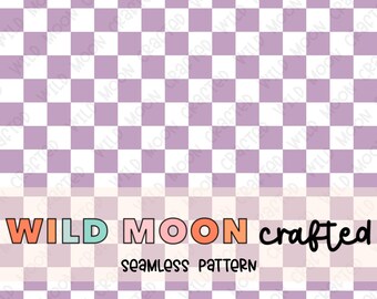 May include: A seamless pattern featuring a checkered design with alternating white and light purple squares. The text "WILD MOON crafted seamless pattern" is displayed below the checkered pattern.