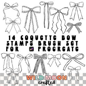 May include: A collection of 14 coquette bow stamps for Procreate, illustrated in black and white. The bows vary in style, with some featuring long ribbons and others with intricate details. The Wild Moon Crafted logo is at the bottom.