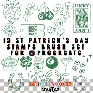May include: A collection of 19 St. Patrick's Day stamps for Procreate. The green and white illustrations include lucky charms, dice, playing cards, a lucky cat, a rainbow, and the text "Good Luck" and "Lucky". The Wild Moon crafted logo is at the bottom.