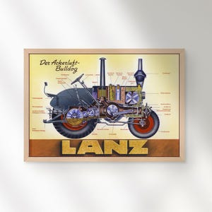 Lanz Ackerluft Bulldog-traktorposter | Teknisk illustration med utskurna bilder | Väggkonst med vintage jordbruksmaskiner för traktorfantaster