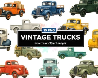 Vintage Trucks Water Color Clipart Bundle – High-Quality PNG Files | Instant Digital Download – Commercial Use Included