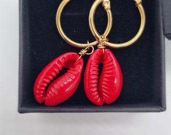 Stainless steel hoop earrings with colorful cowries - Boho earrings (red, pink, blue, yellow, zebra) International delivery DOM-TOM