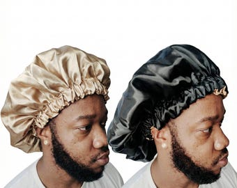 XL reversible satin bonnet black / gold beige - premium thick, elasticated edge, ideal for voluminous afro hair, locks, braids