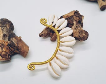 Gold cowrie shell cuff earring – Handmade boho chic earring jewelry – Unique Afro-Caribbean ethnic accessory