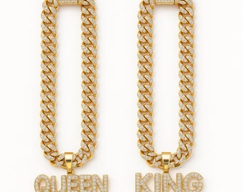 KING/QUEEN stainless steel necklace • 13mm Cuban link chain • Pave zircon pendant - Unisex – Single or Duo