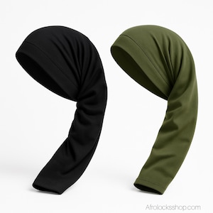 May include: Two head coverings, one black and one olive green, are displayed against a white background. Each head covering has a fitted cap and a long sleeve that extends down. The head coverings are made of a soft, stretchy fabric.