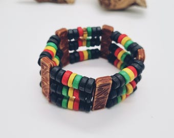 Rasta Bracelet Wooden Beads - Unisex Elastic Cuff Red/Yellow/Green/Black - Reggae, African, Festival Style