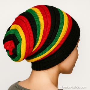 Knitted Rasta Tam Beanie (Red/Yellow/Green) - Large Volume Slouch for Dreadlocks/Locks/Braids - Size XL - Unisex Stretchy