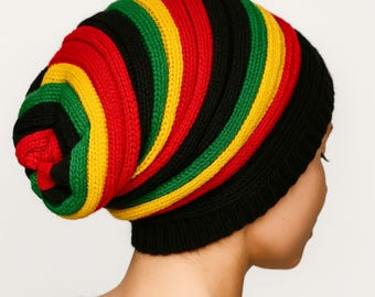 Knitted Rasta Tam Beanie (Red/Yellow/Green) - Large Volume Slouch for Dreadlocks/Locks/Braids - Size XL - Unisex Stretchy