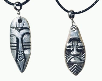 African mask necklace – thin cord & steel clasp, 2 models to choose from – ethnic unisex jewelry, handmade gift