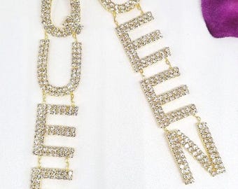 QUEEN XXL rhinestone earrings (15 cm) – long, dangling gold earrings with sparkling zirconia, perfect for evening/hip-hop style