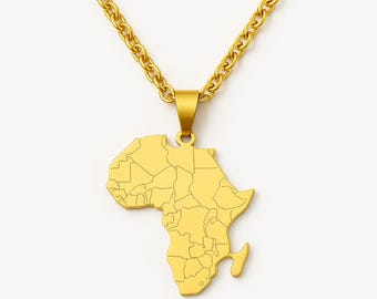 Africa and Madagascar map necklace in stainless steel – engraved country pendant, gold-tone – adjustable chain, unisex