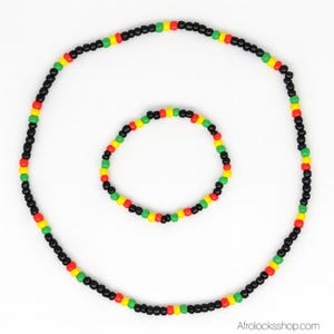 Handgefertigtes Rasta-Perlenarmband und -Halskette – unisex, elastisch, schwarz, rot, gelb, grün – Reggae-/Afro-Stil – internationaler Versand in französische Überseegebiete