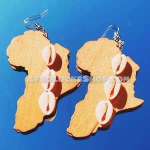 Pendientes de África, mapa africano en madera, cuentas de concha afro, 3 cauris, joyería de mapa africano, pendientes de madera, cauris, kemet rasta