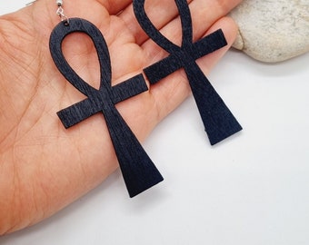 Ankh cross earrings 8 cm in black wood - lightweight - Egyptian symbol