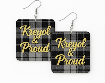 "Kreyol & Proud" Earrings • Black/White Madras Pattern • Gold Inscription • Limited Edition AfroLocksShop