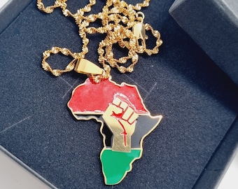 Pan-African Necklace – 50cm Gold Chain – Red-Black-Green Enamel Pendant – Unisex Gift Idea